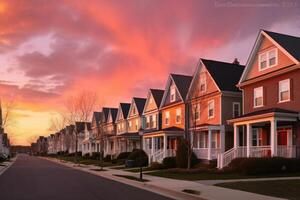 casas dentro residencial distrito com dramático colorida pôr do sol céus. ilustração ai generativo foto