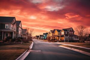 casas dentro residencial distrito com dramático colorida pôr do sol céus. ilustração ai generativo foto