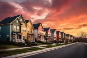 casas dentro residencial distrito com dramático colorida pôr do sol céus. ilustração ai generativo foto