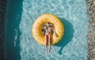 menina dentro verão piscina. ilustração ai generativo foto