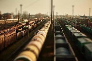 vagões ferroviários de carga na estação ferroviária. vista superior de trens de carga. vagões com mercadorias na ferrovia. industria pesada. cena conceitual industrial com trens. foco seletivo. foto