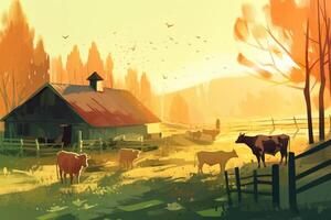 vacas pastar em uma Fazenda com luz solar, Fazenda panorama ilustração com generativo ai foto