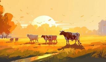 vacas pastar em uma Fazenda com luz solar, Fazenda panorama ilustração com generativo ai foto
