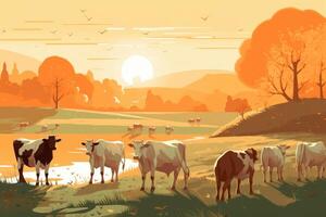 vacas pastar em uma Fazenda com luz solar, Fazenda panorama ilustração com generativo ai foto