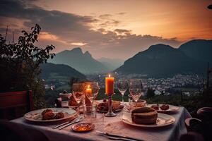 romântico jantar com Visão do montanha às pôr do sol. generativo ai foto