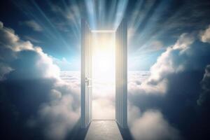 divino portas para céu dentro azul céu generativo ai foto