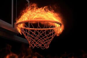 basquetebol esporte, cesta dentro laranja fogo em Sombrio generativo ai foto