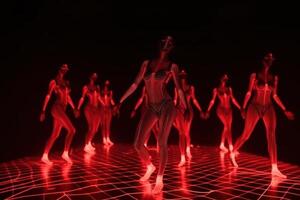 vermelho néon holograma fêmea equipe dança generativo ai foto