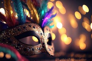 realista luxo carnaval mascarar com colorida penas. abstrato borrado fundo, ouro pó, e luz efeitos. generativo ai. foto