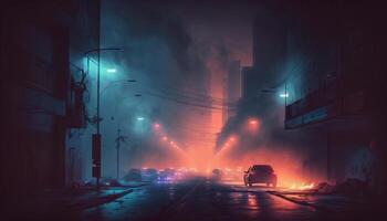 Sombrio rua, noite smog e fumaça néon claro. Sombrio fundo do a noite cidade. generativo ai foto