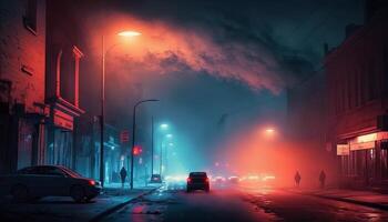 Sombrio rua, noite smog e fumaça néon claro. Sombrio fundo do a noite cidade. generativo ai foto