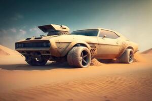 uma velozes músculo carro batedeiras acima areia dentro uma deserto criada com generativo ai tecnologia. foto