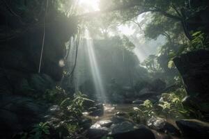 selva com luz raios chegando a partir de acima criada com generativo ai tecnologia. foto