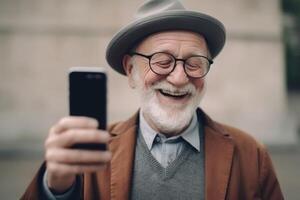 uma feliz aposentado velho homem segurando uma Smartphone dentro dele mãos criada com generativo ai tecnologia. foto