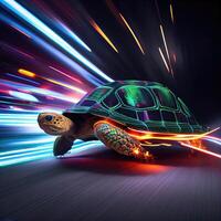 fofa tartaruga rastejar velozes com Rapidez movimento borrão, pendulares conceito com muito velozes tartaruga corrida dentro a ruas. generativo ai foto