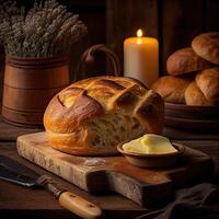 cesta do francês pão, tradicional brasileiro pão com fogo fundo. fresco pão em a de madeira. caseiro francês pão em de madeira. generativo ai foto