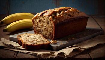 caseiro banana pão em de madeira fundo. banana pão noz pão. banana pão pão este é fatiado para dentro com 1 fatia dentro frente. generativo ai foto