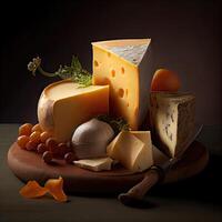 diferente tipos do queijos em uma de madeira fundo. sortimento do queijos. lado visualizar. queijo variedade em Sombrio rústico fundos. suave e Difícil queijos. generativo ai foto