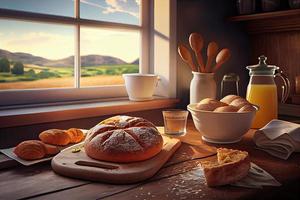 fresco pão em a cozinha mesa dentro frente do uma janela com uma campo panorama, saudável comendo e tradicional padaria conceito. generativo ai foto