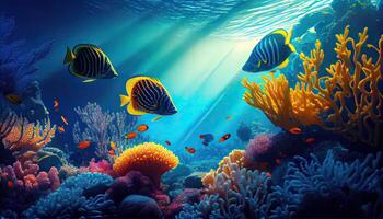 embaixo da agua cena. coral recife, colorida peixe grupos e ensolarado céu brilhando através limpar \ limpo oceano água. espaço embaixo da agua para você para preencher ou somente usar estar sozinho. Alto res. generativo ai foto