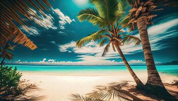 lindo tropical de praia com branco areia, Palma árvores, turquesa oceano contra azul céu com nuvens em ensolarado verão dia. perfeito panorama fundo para relaxante período de férias. generativo ai foto