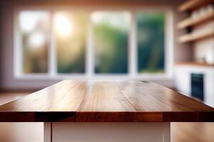 esvaziar do madeira mesa topo em borrão do cortina janela e abstrato verde a partir de jardim com luz solar .para montagem produtos exibição ou Projeto chave visual layout. generativo ai foto