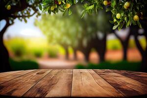 esvaziar madeira mesa com livre espaço sobre laranja árvores, laranja campo fundo. para produtos exibição montagem. de madeira mesa Lugar, colocar do livre espaço para seu. generativo ai foto