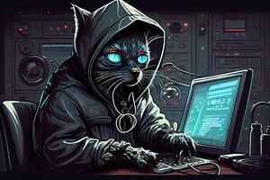 hacker gato trabalhando trabalho profissão ilustração. ai gerado foto