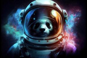 panda retrato dentro espaço terno com galáxia e nebulosa refletido dentro capacete vidro. ai gerado foto