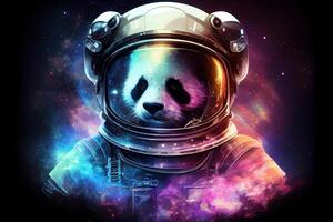 panda retrato dentro espaço terno com galáxia e nebulosa refletido dentro capacete vidro. ai gerado foto