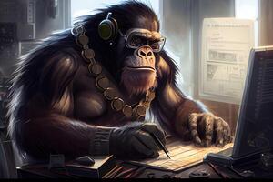 hacker gorila trabalhando trabalho profissão ilustração. ai gerado foto