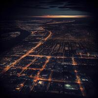 lindo cênico noite cidade Visão através a aeronave janela. janela assento em avião negligenciar noite visualizar. generativo ai foto
