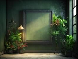 uma verde parede com flores e plantas atrás uma em branco quadro, dentro a estilo do poster, interior cenas, photobashing, ambientalmente inspirado, hinchel ou, de inspiração industrial, ilustração generativo ai foto