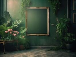 uma verde parede com flores e plantas atrás uma em branco quadro, dentro a estilo do poster, interior cenas, photobashing, ambientalmente inspirado, hinchel ou, de inspiração industrial, ilustração generativo ai foto