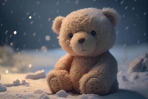 a brinquedo Urso estava esquerda dentro a inverno às a crianças Parque infantil. uma fofa Castanho Urso sentado sozinho em a neve durante inverno tempo. generativo ai foto