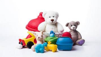 colorida vários bebê brinquedo para bebê Atividades e Diversão gostar boneca, carro, animal, e bola. foto