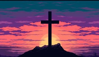 ilustração silhueta do cristão Cruz dentro às a Colina Paz e espiritual símbolo do cristão pessoas. inspiração, ressurreição esperança e conceito. foto