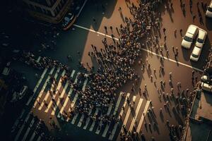 pessoas caminhando às cidade rua, aéreo visualizar. protestando multidão. generativo ai foto