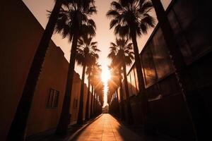 Palma árvore silhuetas contra pôr do sol céu. generativo ai foto