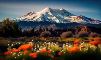 cênico panorâmico Visão do idílico rolando colinas panorama com florescendo prados e coberto de neve alpino montanha picos dentro a fundo em uma lindo ensolarado dia com azul céu e nuvens. generativo ai foto