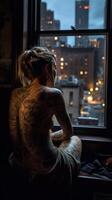 imagem do cheio corpo tatuagem costas Visão do uma jovem ásia mulher generativo ai foto