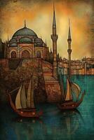 hagia Sofia Istambul bósforo ponte navio deslumbrante pintura generativo ai foto