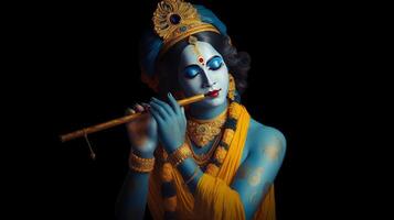 lindo hindu Deus Krishna jogando flauta generativo ai foto