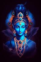 Deus Krishna azul efeito imagem em Preto fundo generativo ai foto