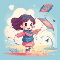 pequeno menina corrida vôo pipa, desenho animado ilustração com generativo ai foto