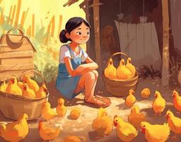 jovem menina alimentando galinhas desenho animado plano ilustração, generativo ai foto