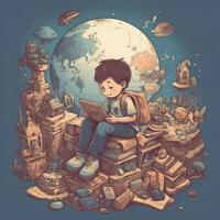 uma criança senta em terra lendo uma livro entre muitos diferente Unid, desenho animado com generativo ai foto