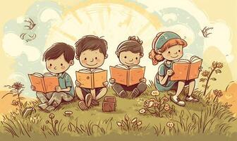 pré escola crianças lendo livros. plano ilustração dentro a horário de verão com abelhas. generativo ai foto