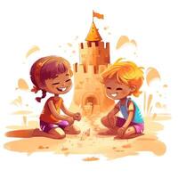 dois crianças jogar dentro a areia castelo, desenho animado ilustração com generativo ai foto