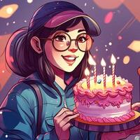 uma menina é segurando uma bolo enquanto a comemorar uma aniversário, desenho animado ilustração com generativo ai foto